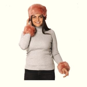 NWT Pink Polyester Faux Fur Hat and Cuffs